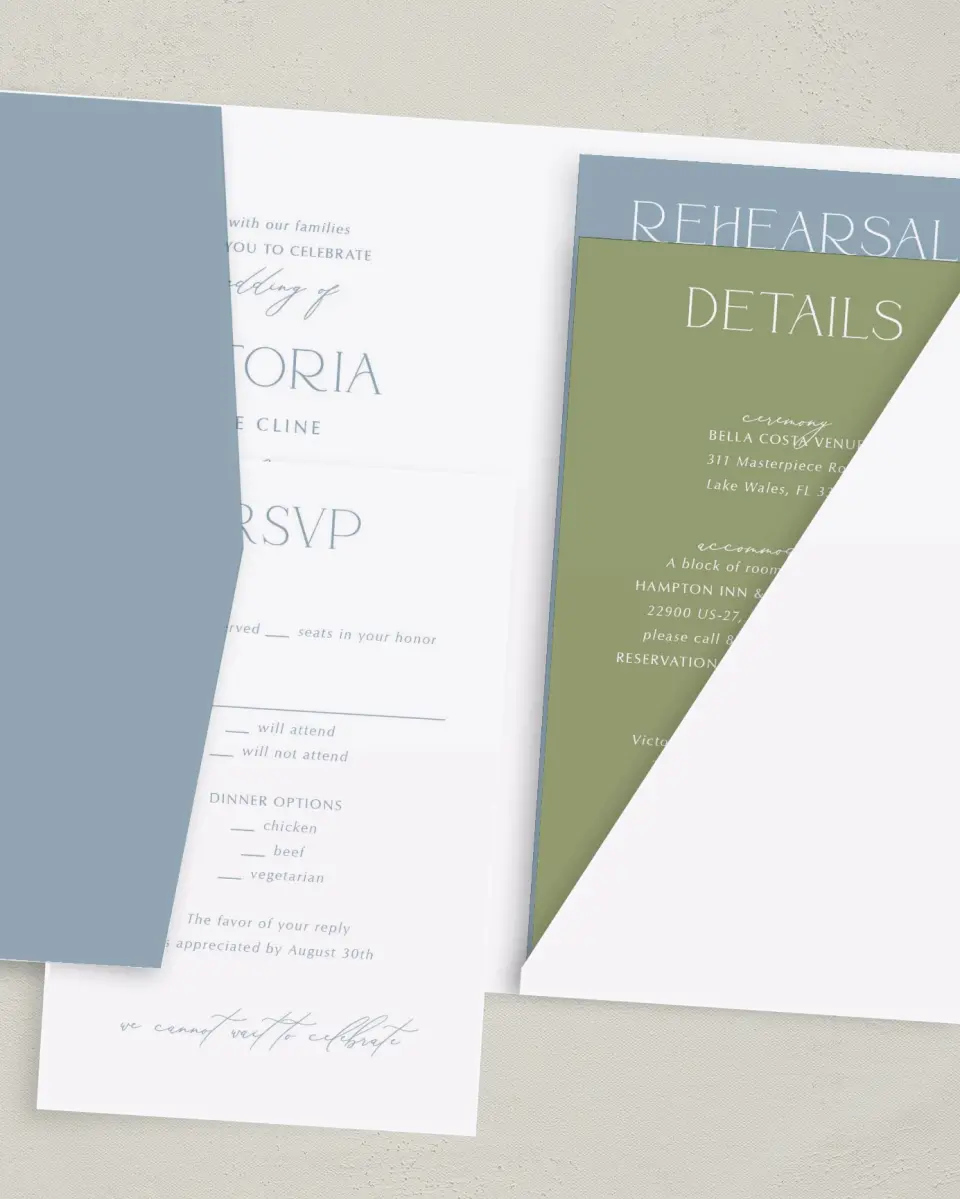 This is a 5" x 7⅞" Pocket Wedding Invitation called The Victoria printed in full color with Gold foil on Luxe Satin (coated) paper