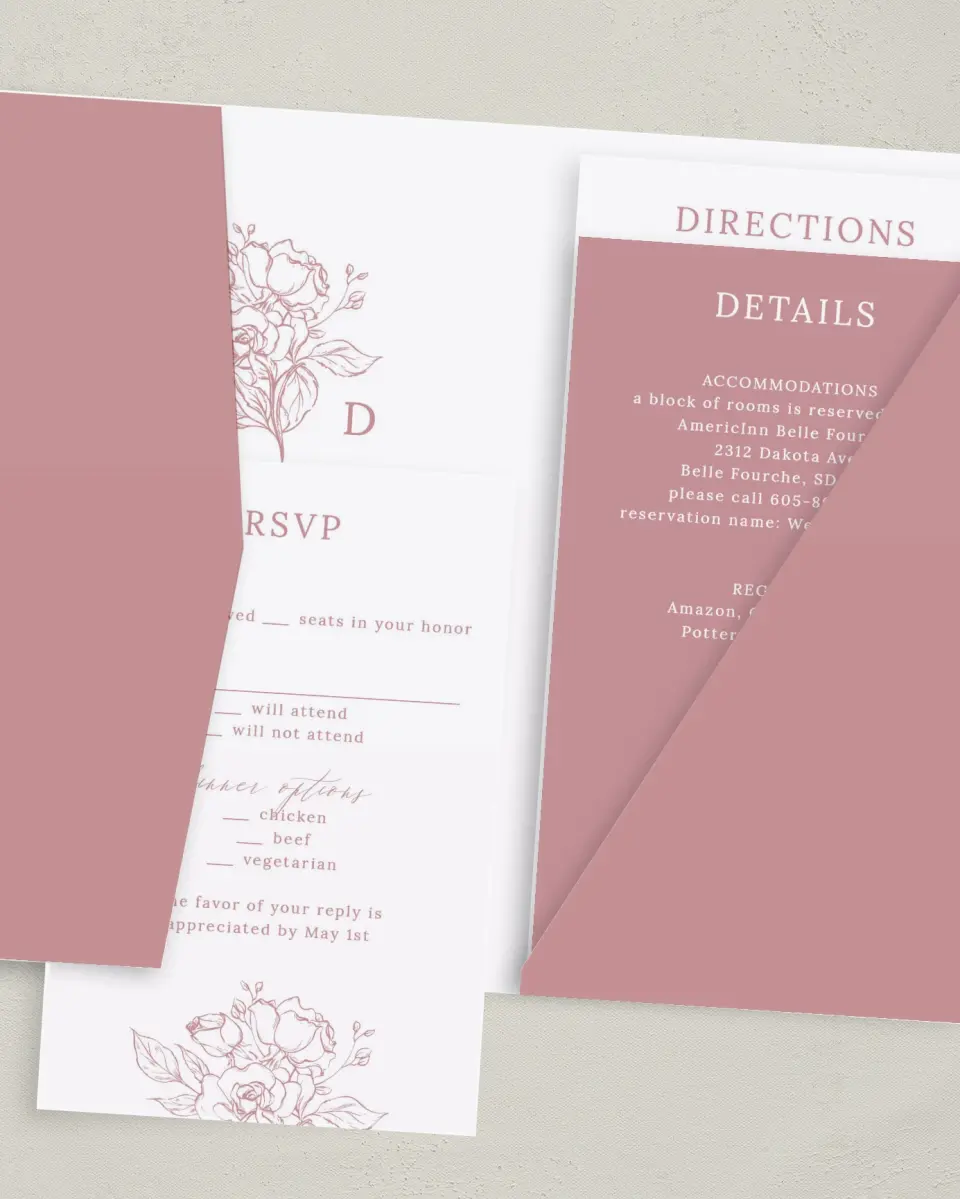This is a 5" x 7⅞" Pocket Wedding Invitation called Blushing Rose printed in full color with Gold foil on Luxe Satin (coated) paper