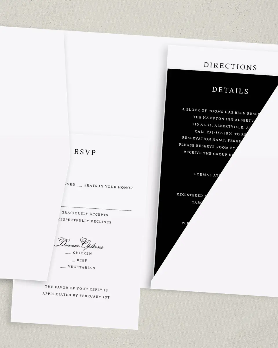 This is a 5" x 7⅞" Pocket Wedding Invitation called Elegant Tradition printed in full color with Gold foil on Luxe Satin (coated) paper