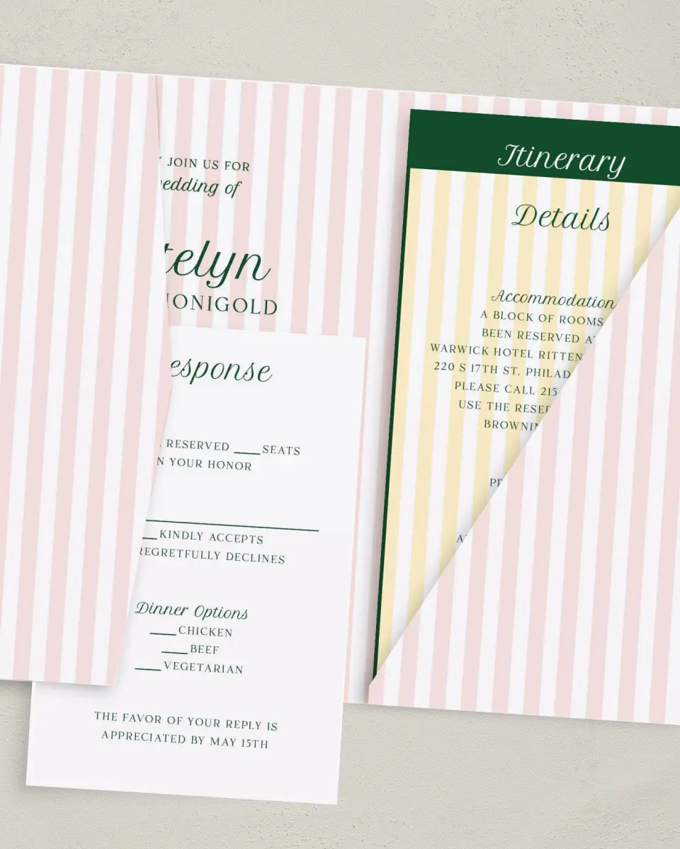 This is a 5" x 7⅞" Pocket Wedding Invitation called A Perfect Match printed in full color with Gold foil on Luxe Satin (coated) paper
