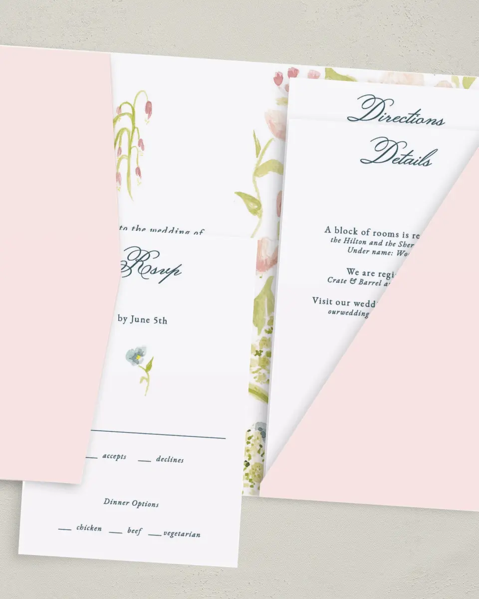 This is a 5" x 7⅞" Pocket Wedding Invitation called Garden of Vows printed in full color with Gold foil on Luxe Satin (coated) paper