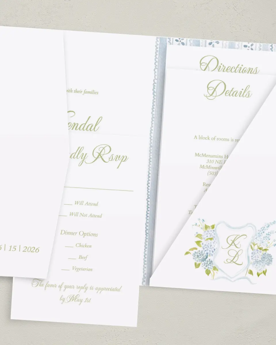This is a 5" x 7⅞" Pocket Wedding Invitation called Southern Belle printed in full color with Gold foil on Luxe Satin (coated) paper