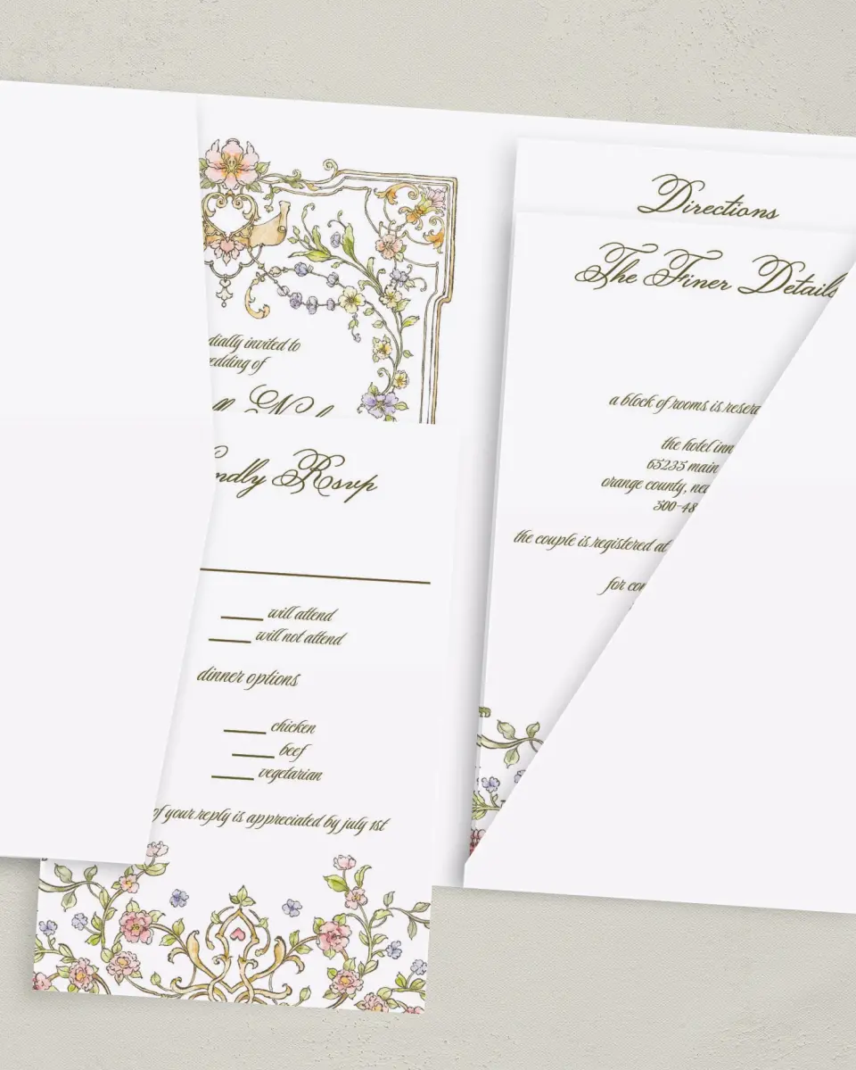 This is a 5" x 7⅞" Pocket Wedding Invitation called Ever After printed in full color with Gold foil on Luxe Satin (coated) paper