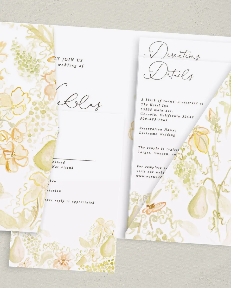 This is a 5" x 7⅞" Pocket Wedding Invitation called Royal Glory printed in full color with Gold foil on Luxe Satin (coated) paper