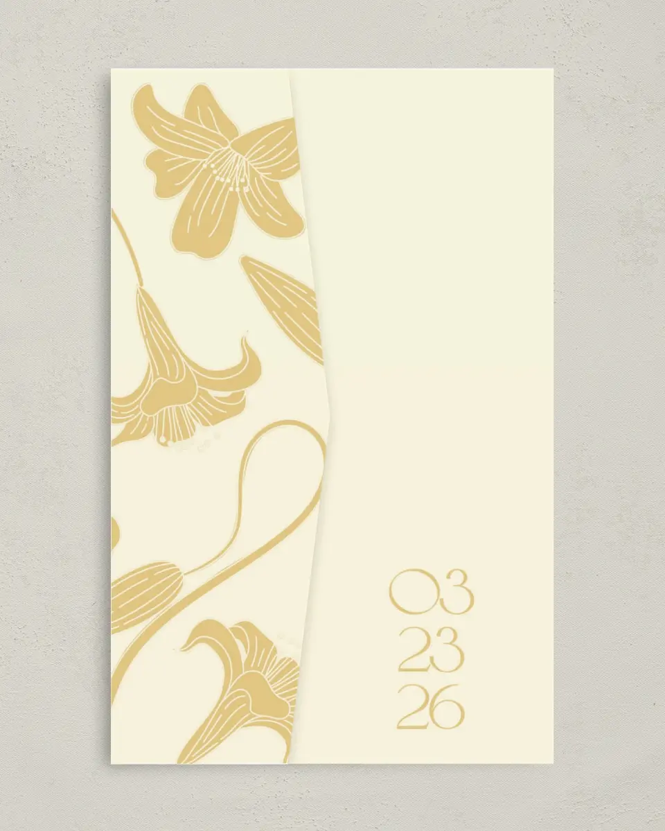 This is a 5" x 7⅞" Pocket Wedding Invitation called Water Lily printed in full color on Premium Smooth paper