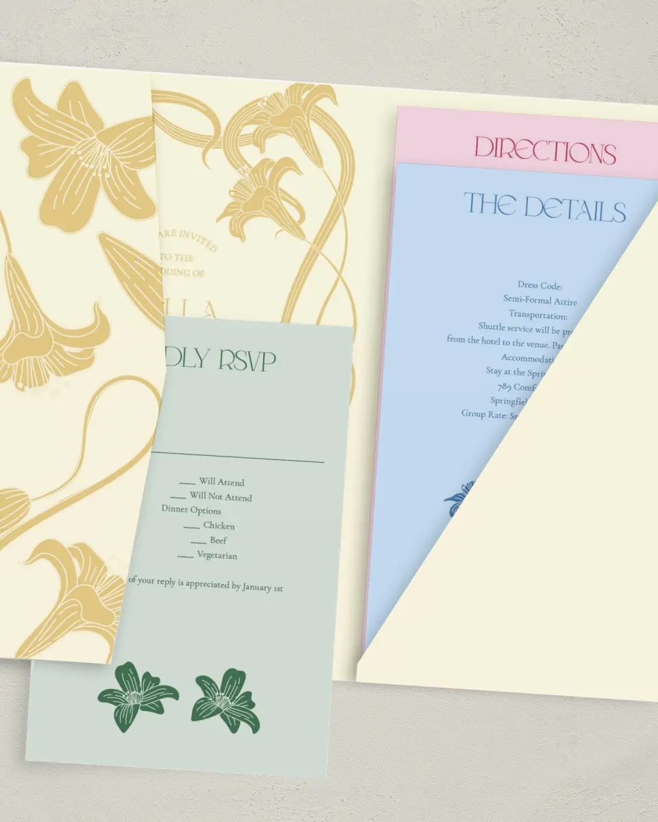 This is a 5" x 7⅞" Pocket Wedding Invitation called Water Lily printed in full color with Gold foil on Luxe Satin (coated) paper