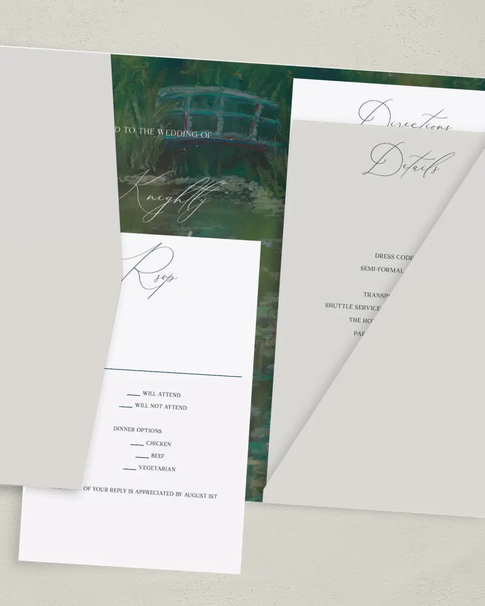This is a 5" x 7⅞" Pocket Wedding Invitation called Bridge To Love printed in full color with Gold foil on Luxe Satin (coated) paper