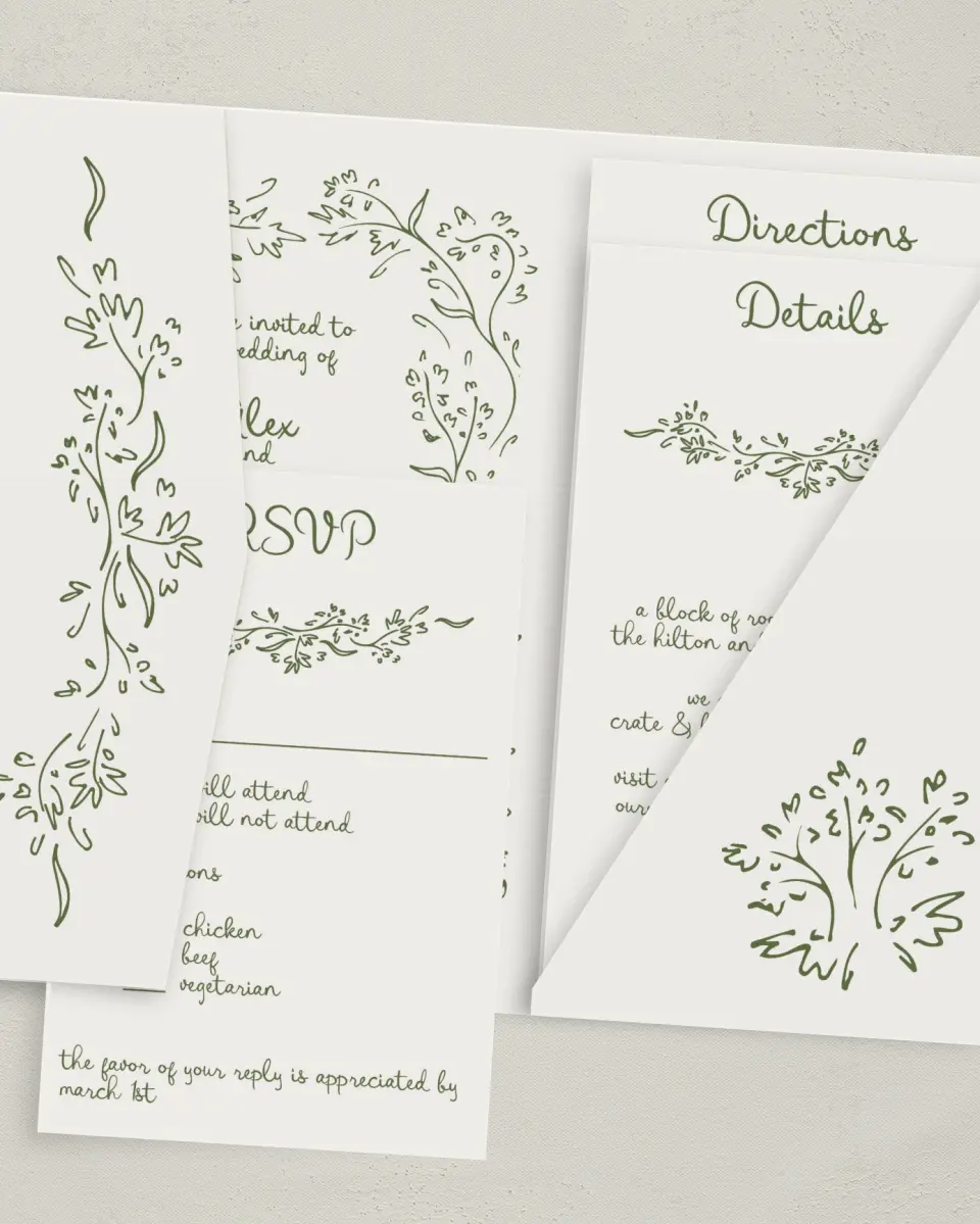 This is a 5" x 7⅞" Pocket Wedding Invitation called Sweet Woodland printed in full color with Gold foil on Luxe Satin (coated) paper