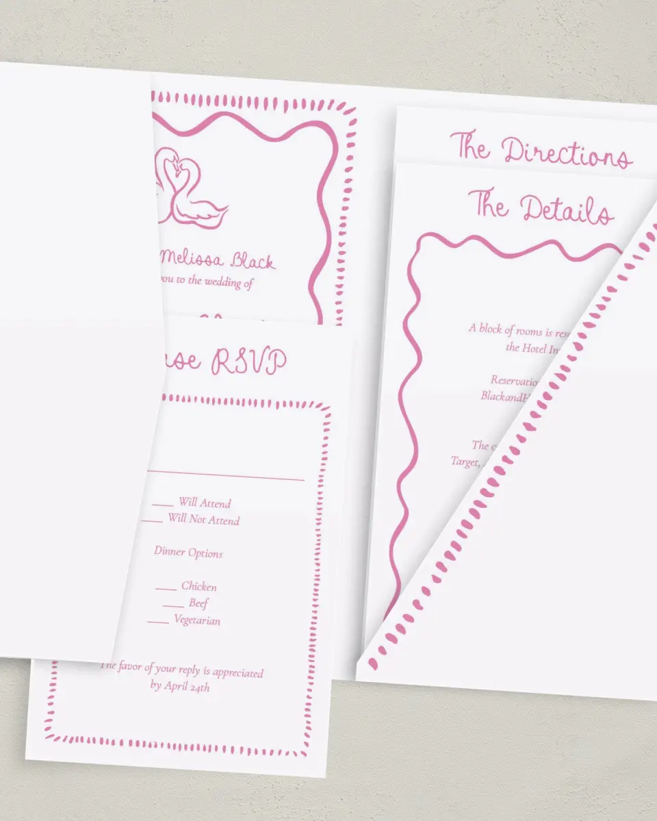 This is a 5" x 7⅞" Pocket Wedding Invitation called Swan Love printed in full color on Premium Smooth paper