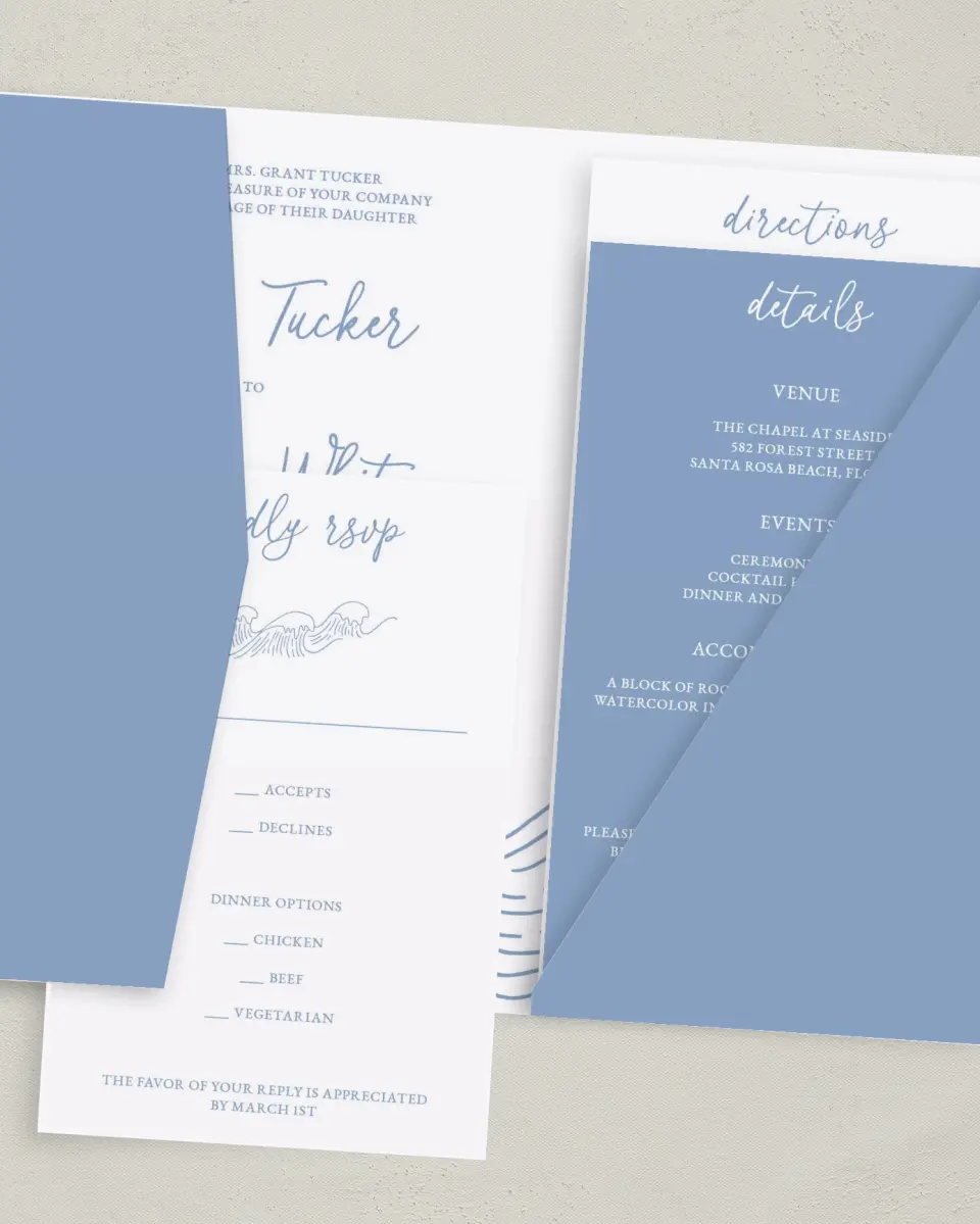 This is a 5" x 7⅞" Pocket Wedding Invitation called Wave of Love printed in full color with Gold foil on Luxe Satin (coated) paper