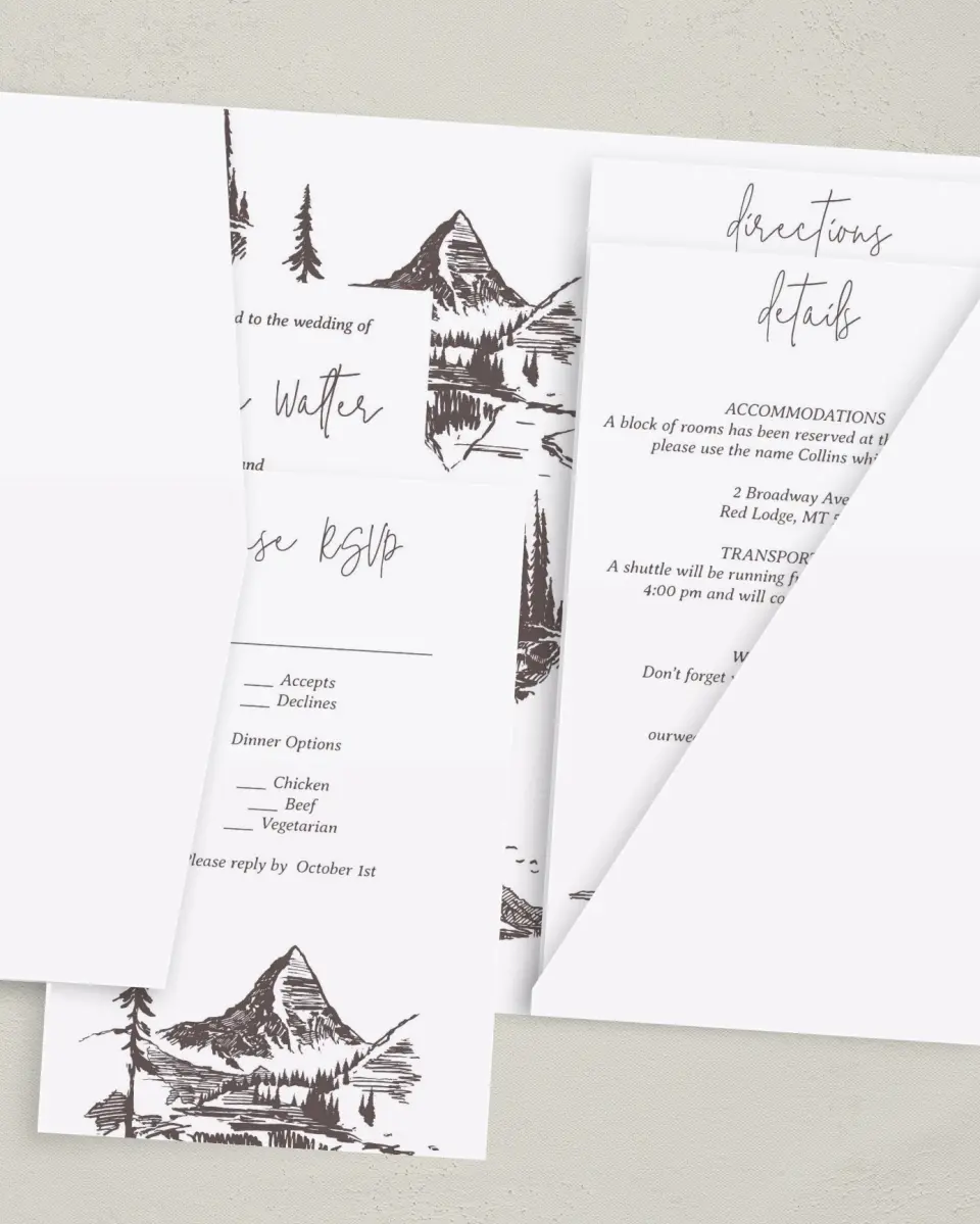 This is a 5" x 7⅞" Pocket Wedding Invitation called Mountain Bliss printed in full color with Gold foil on Luxe Satin (coated) paper
