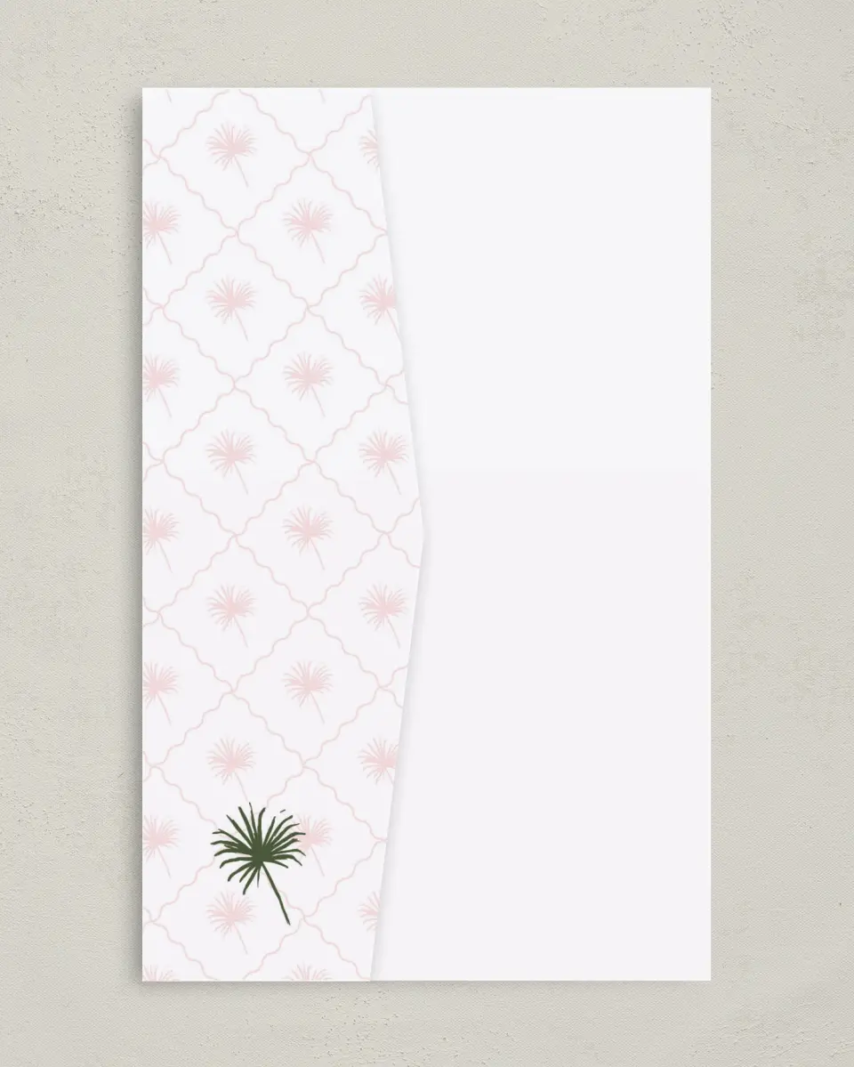 This is a 5" x 7⅞" Pocket Wedding Invitation called Palm Paradise printed in full color on Premium Smooth paper