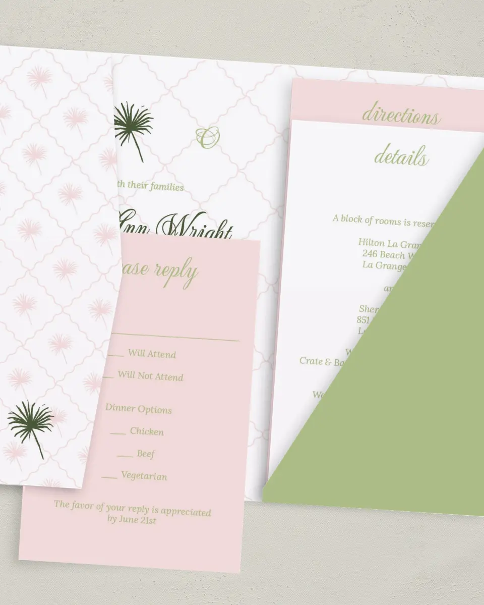 This is a 5" x 7⅞" Pocket Wedding Invitation called Palm Paradise printed in full color with Gold foil on Luxe Satin (coated) paper