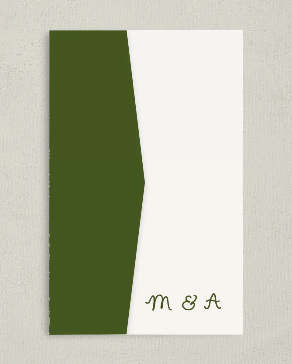 This is a 5" x 7⅞" Pocket Wedding Invitation called Evergreen Elegance printed in full color on Premium Smooth paper