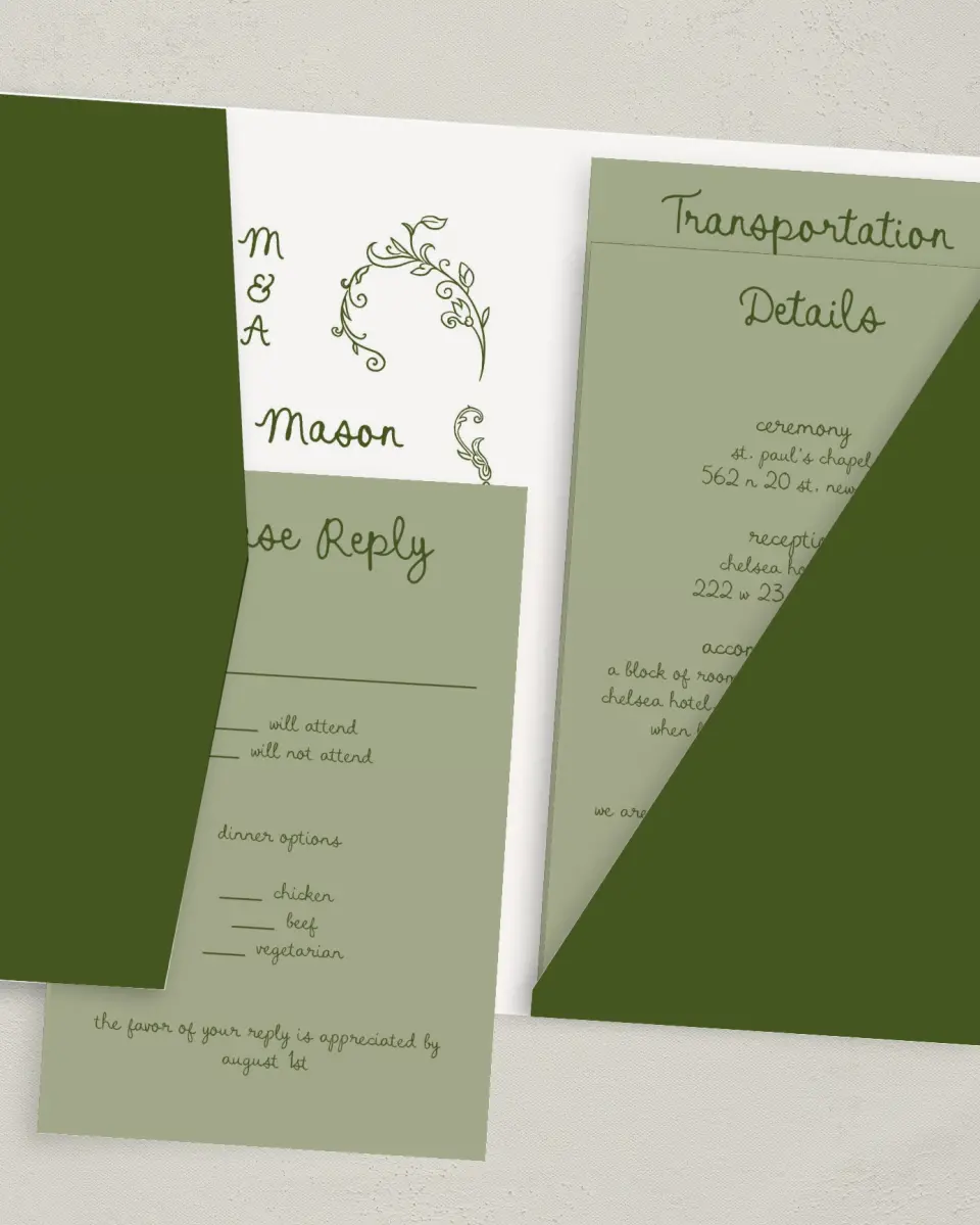 This is a 5" x 7⅞" Pocket Wedding Invitation called Evergreen Elegance printed in full color with Gold foil on Luxe Satin (coated) paper