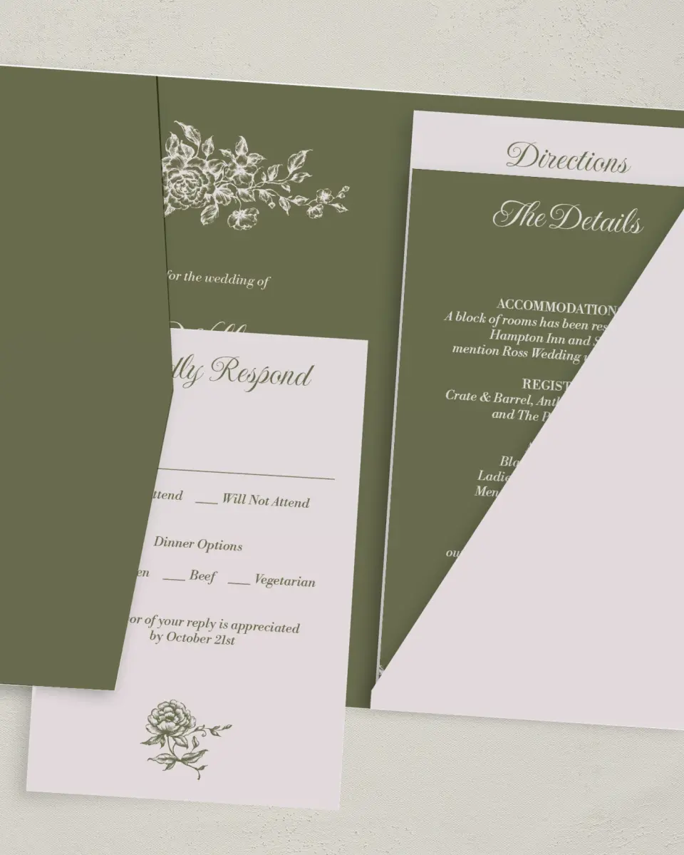 This is a 5" x 7⅞" Pocket Wedding Invitation called Meadow of Merriment printed in full color with Gold foil on Luxe Satin (coated) paper