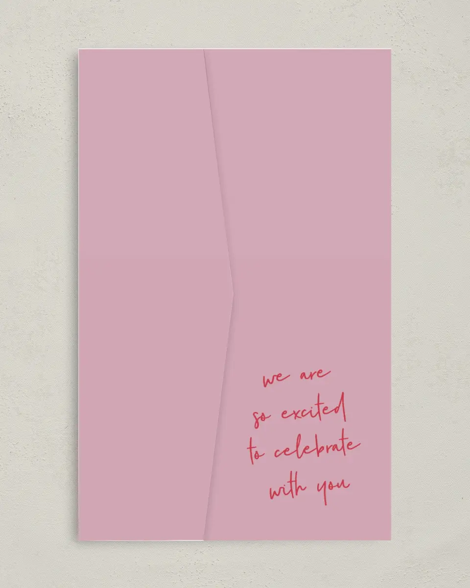 This is a 5" x 7⅞" Pocket Wedding Invitation called Lovey-Dovey printed in full color on Premium Smooth paper