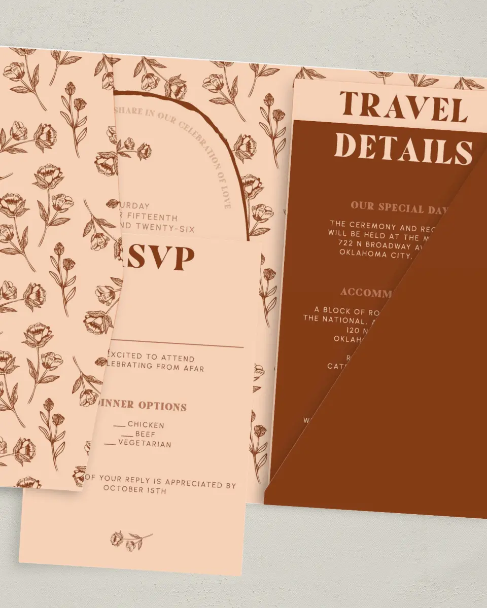 This is a 5" x 7⅞" Pocket Wedding Invitation called Agrestal printed in full color on Premium Smooth paper