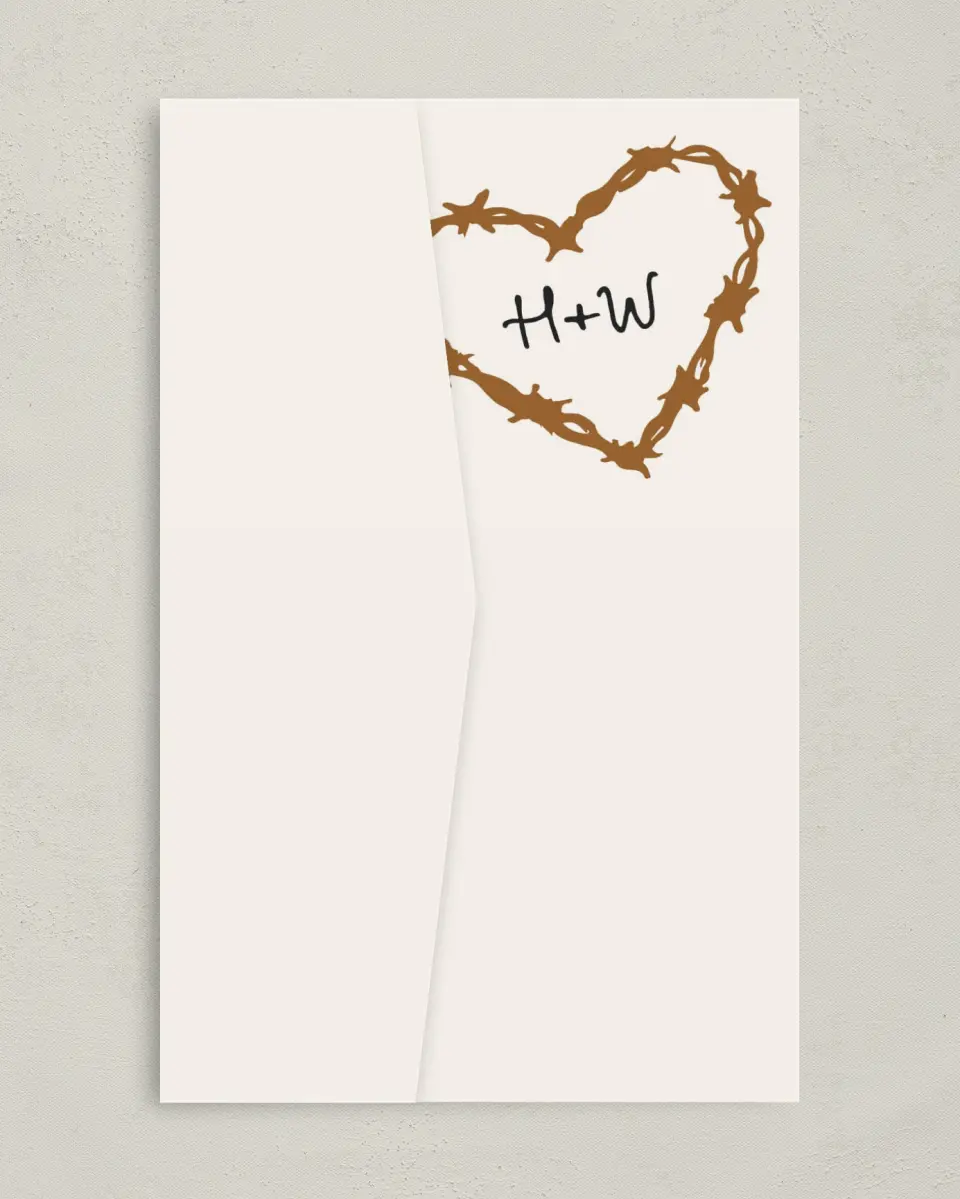 This is a 5" x 7⅞" Pocket Wedding Invitation called Head Over Boots printed in full color on Premium Smooth paper