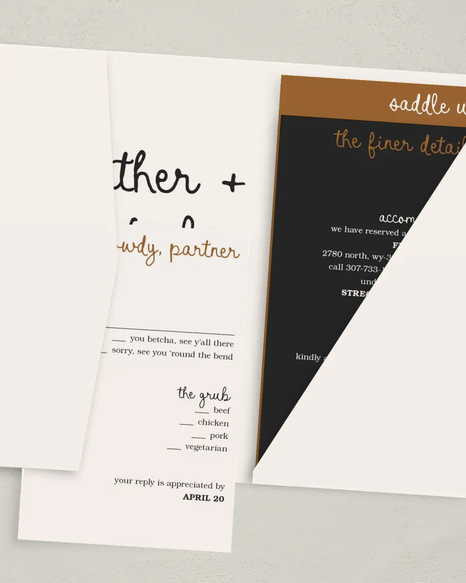This is a 5" x 7⅞" Pocket Wedding Invitation called Head Over Boots printed in full color with Gold foil on Luxe Satin (coated) paper