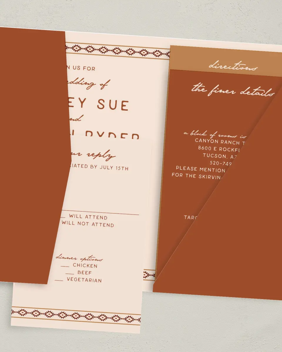 This is a 5" x 7⅞" Pocket Wedding Invitation called Wild at Heart printed in full color with Gold foil on Luxe Satin (coated) paper