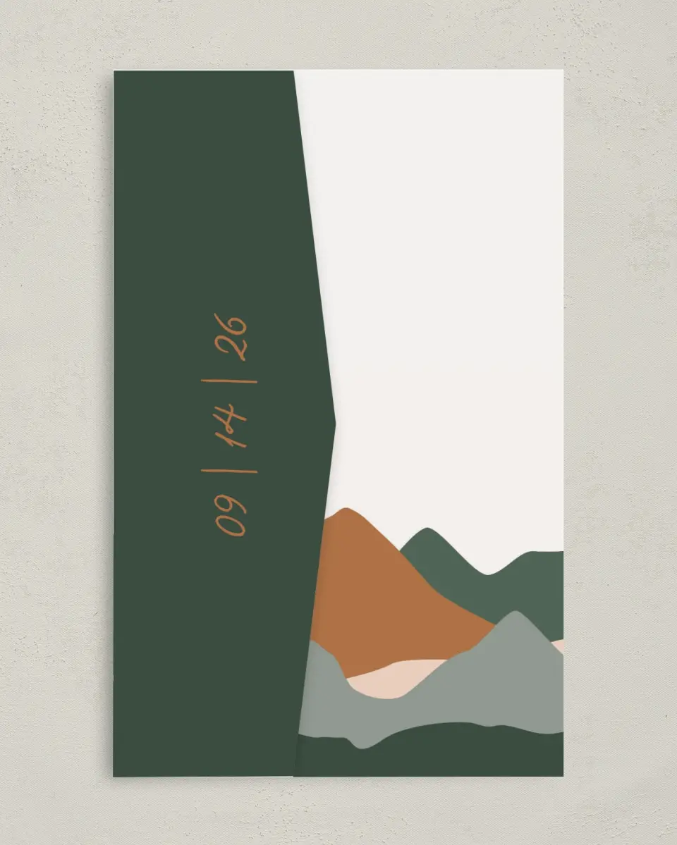 This is a 5" x 7⅞" Pocket Wedding Invitation called Elevated Adventures printed in full color on Premium Smooth paper