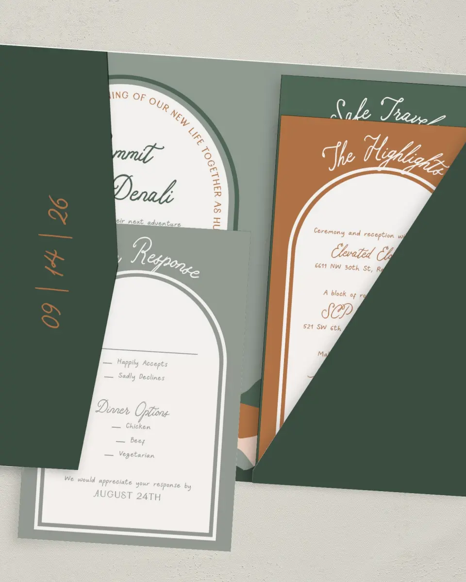 This is a 5" x 7⅞" Pocket Wedding Invitation called Elevated Adventures printed in full color with Gold foil on Luxe Satin (coated) paper