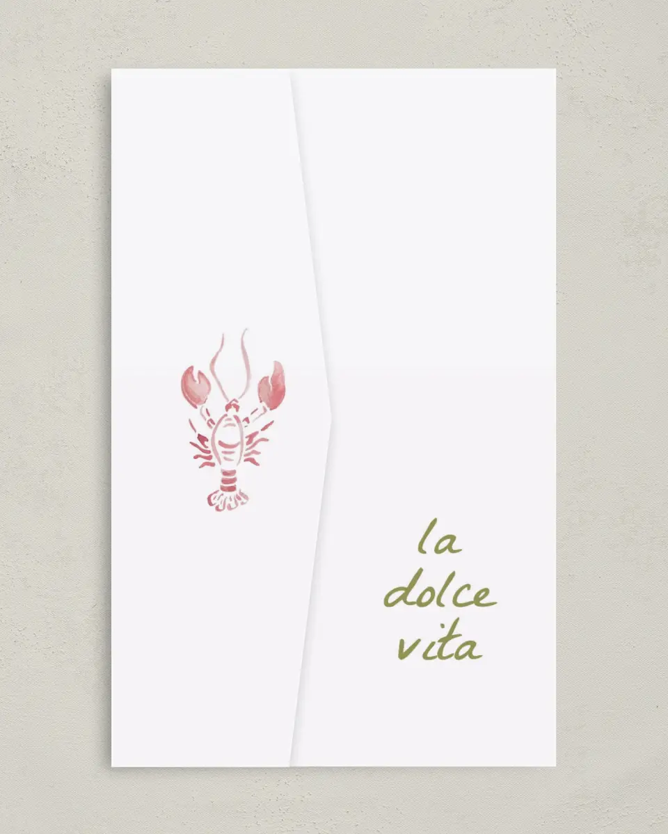 This is a 5" x 7⅞" Pocket Wedding Invitation called Positano Daydream printed in full color on Premium Smooth paper