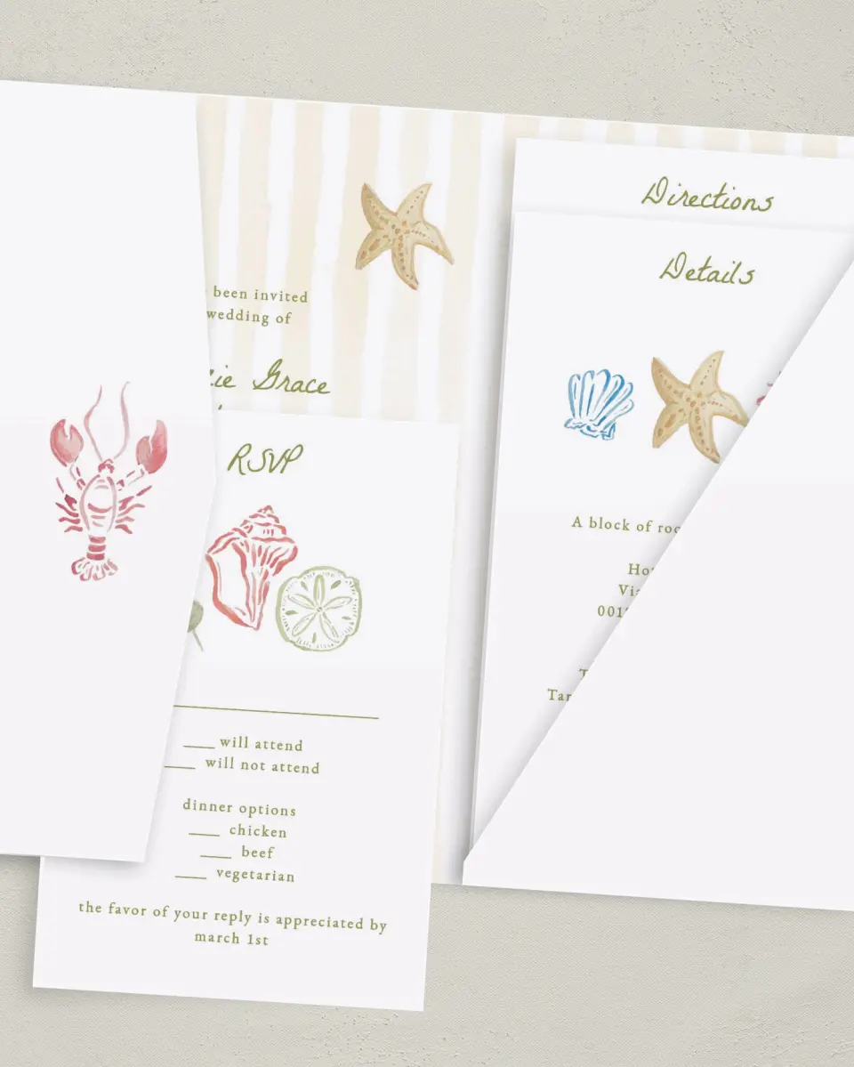 This is a 5" x 7⅞" Pocket Wedding Invitation called Positano Daydream printed in full color with Gold foil on Luxe Satin (coated) paper