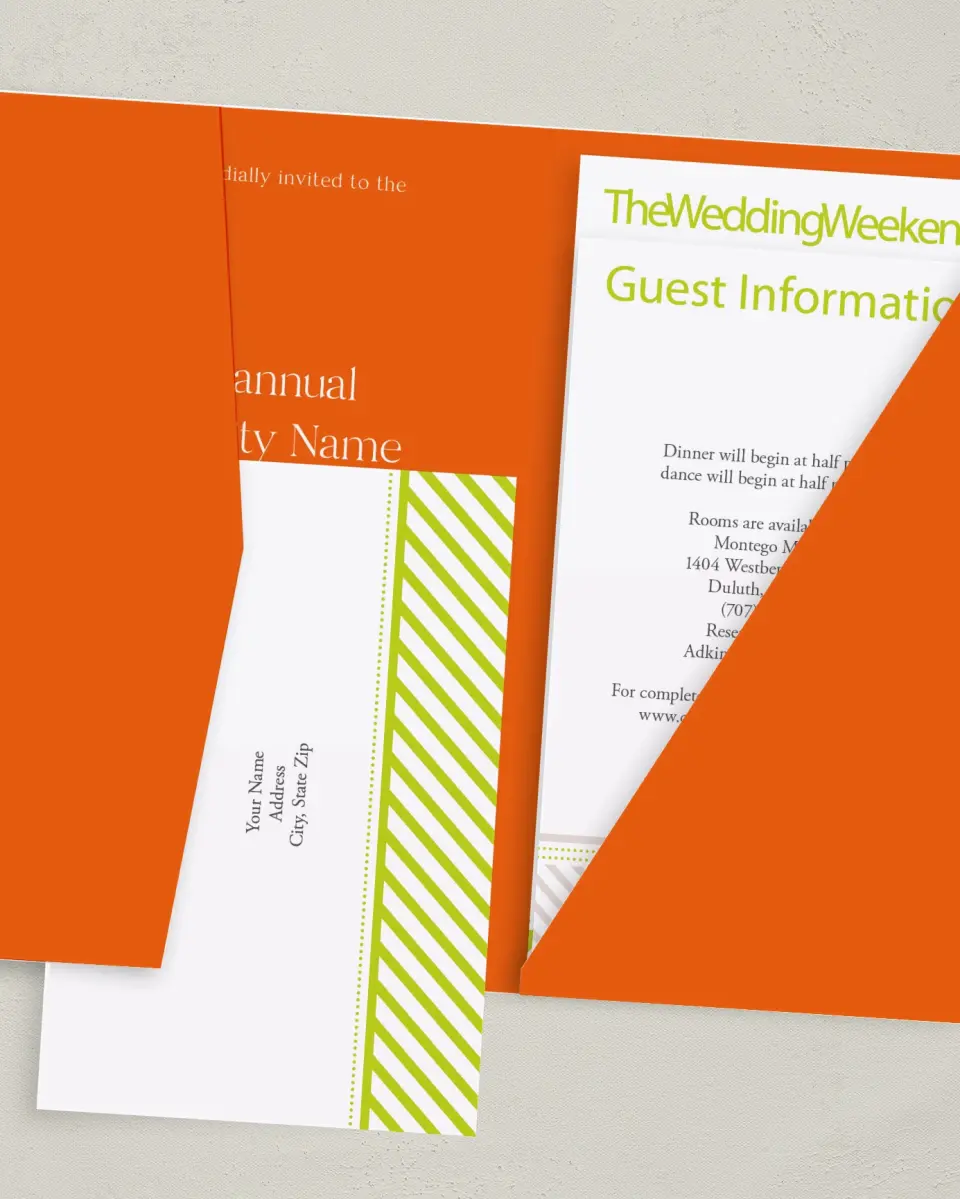 This is a 5" x 7⅞" Pocket Wedding Invitation called Scholarly Soirée printed in full color with Gold foil on Luxe Satin (coated) paper