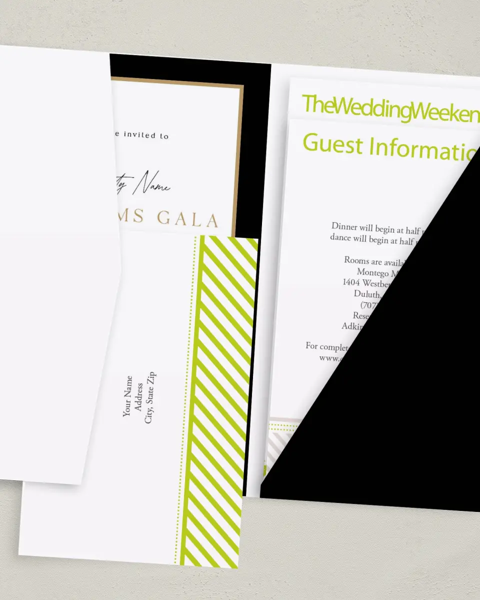 This is a 5" x 7⅞" Pocket Wedding Invitation called Make an Impact printed in full color with Gold foil on Luxe Satin (coated) paper