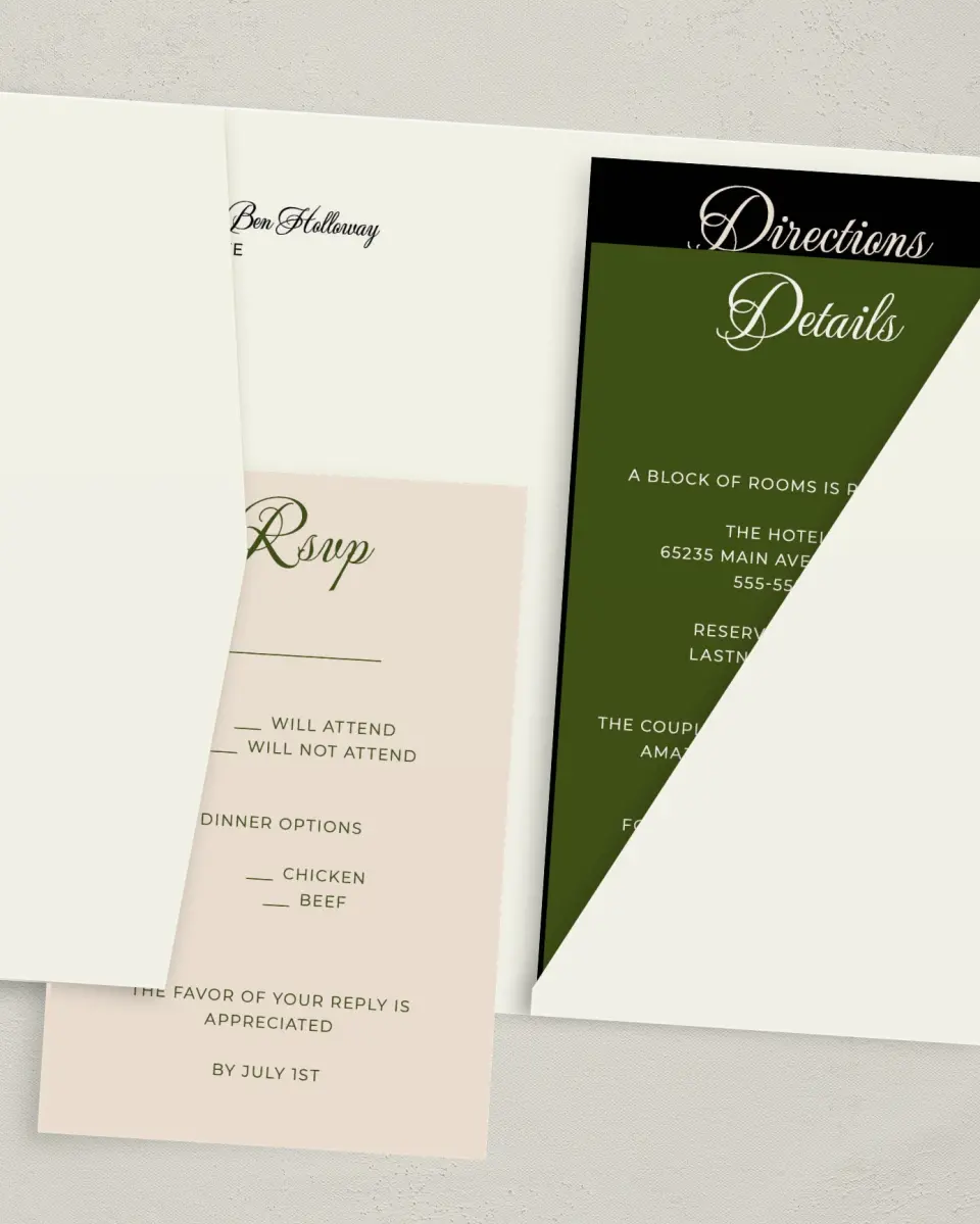 This is a 5" x 7⅞" Pocket Wedding Invitation called Grand Party printed in full color with Gold foil on Luxe Satin (coated) paper