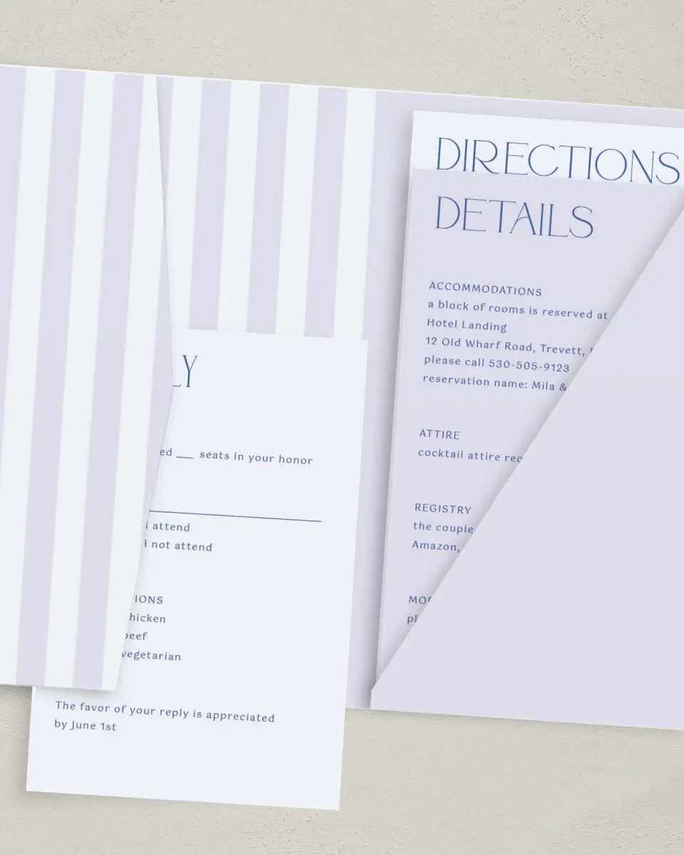 This is a 5" x 7⅞" Pocket Wedding Invitation called The Mila printed in full color with Gold foil on Luxe Satin (coated) paper