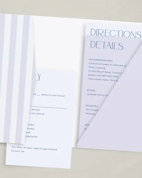 This is a 5" x 7⅞" Pocket Wedding Invitation called The Mila printed in full color on Premium Smooth paper