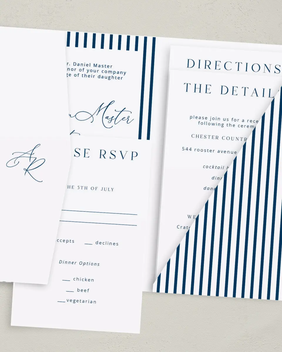 This is a 5" x 7⅞" Pocket Wedding Invitation called The Addison printed in full color with Gold foil on Luxe Satin (coated) paper