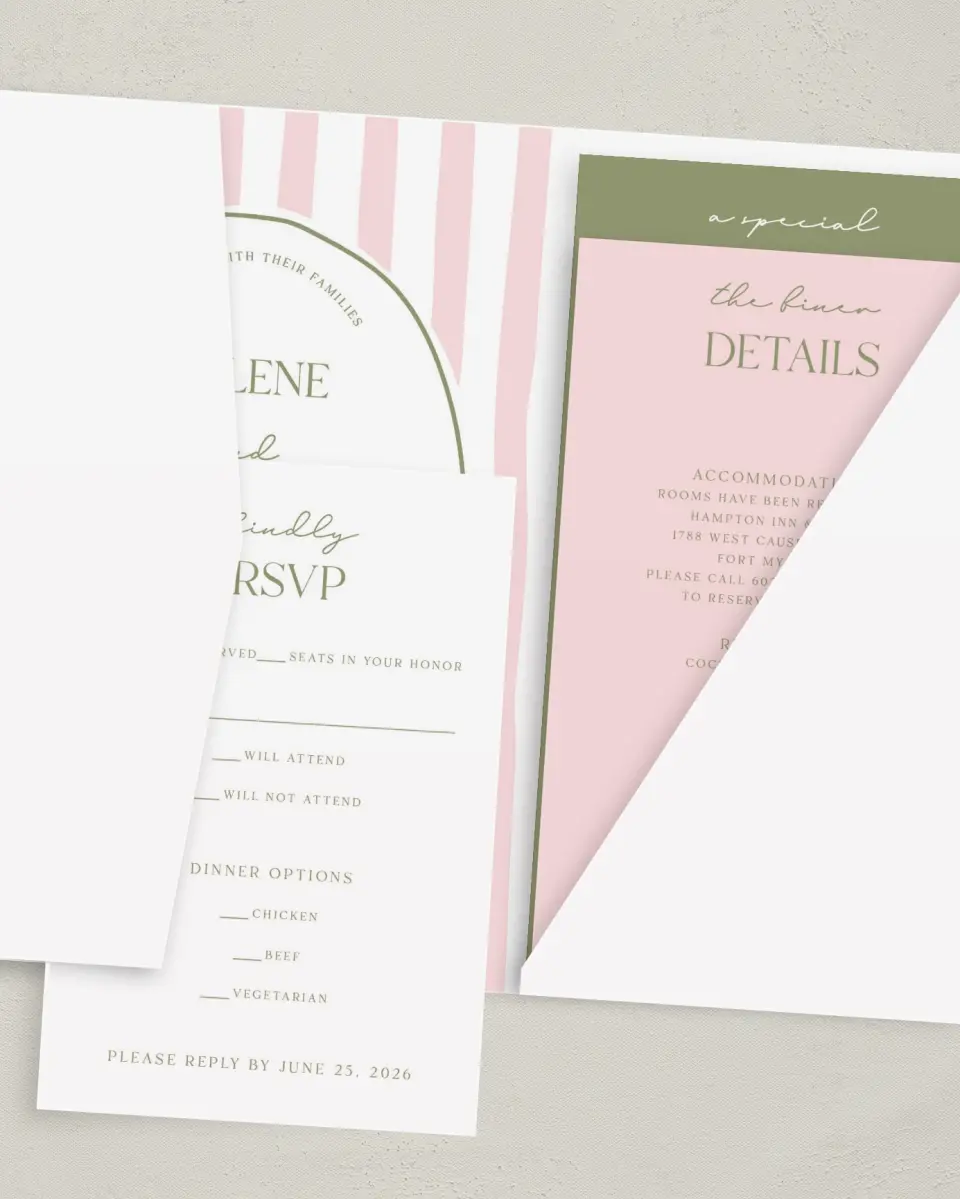 This is a 5" x 7⅞" Pocket Wedding Invitation called The Jolene printed in full color with Gold foil on Luxe Satin (coated) paper