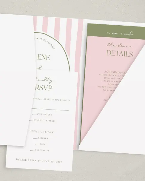 This is a 5" x 7⅞" Pocket Wedding Invitation called The Jolene printed in full color on Premium Smooth paper