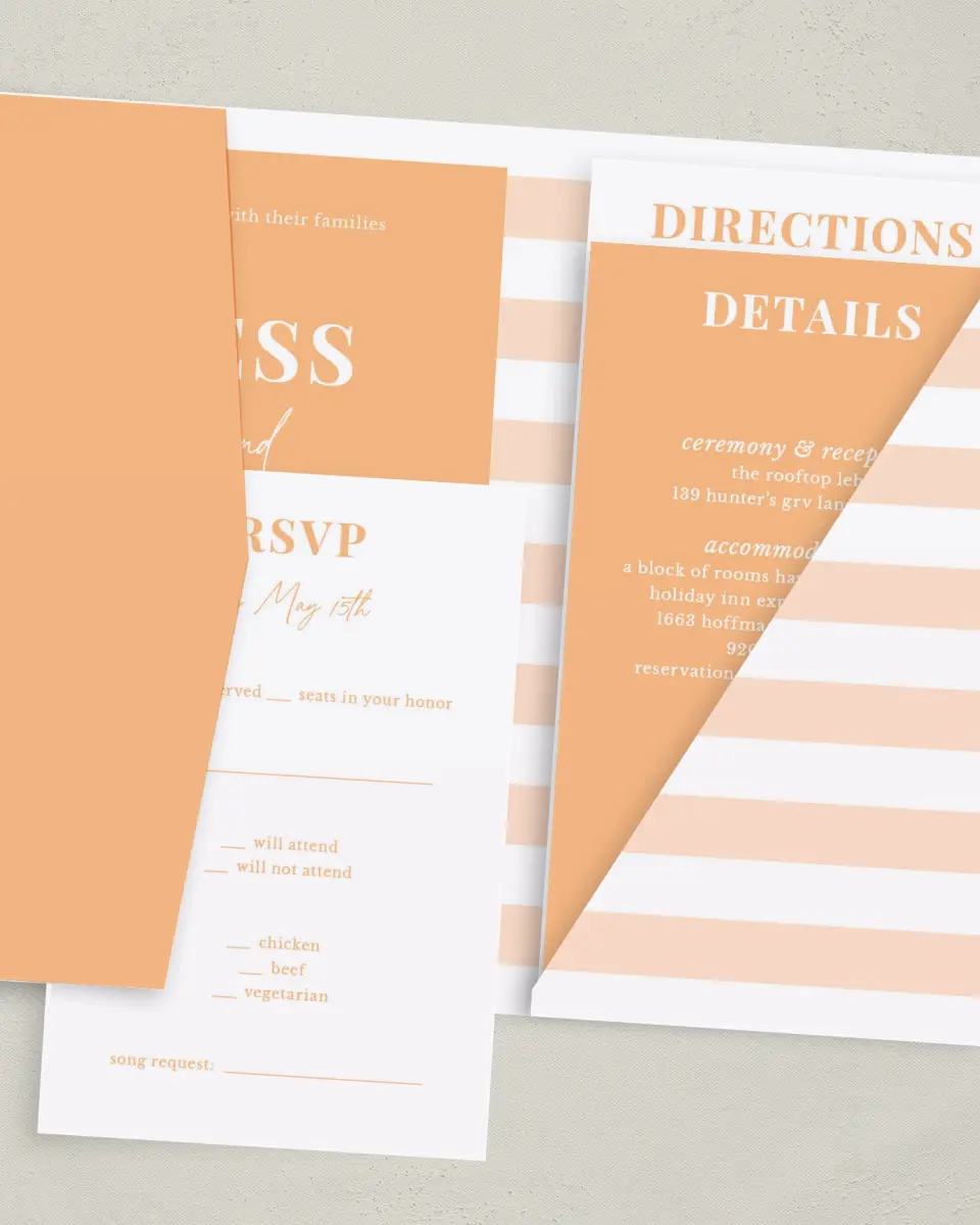 This is a 5" x 7⅞" Pocket Wedding Invitation called The Jess printed in full color with Gold foil on Luxe Satin (coated) paper