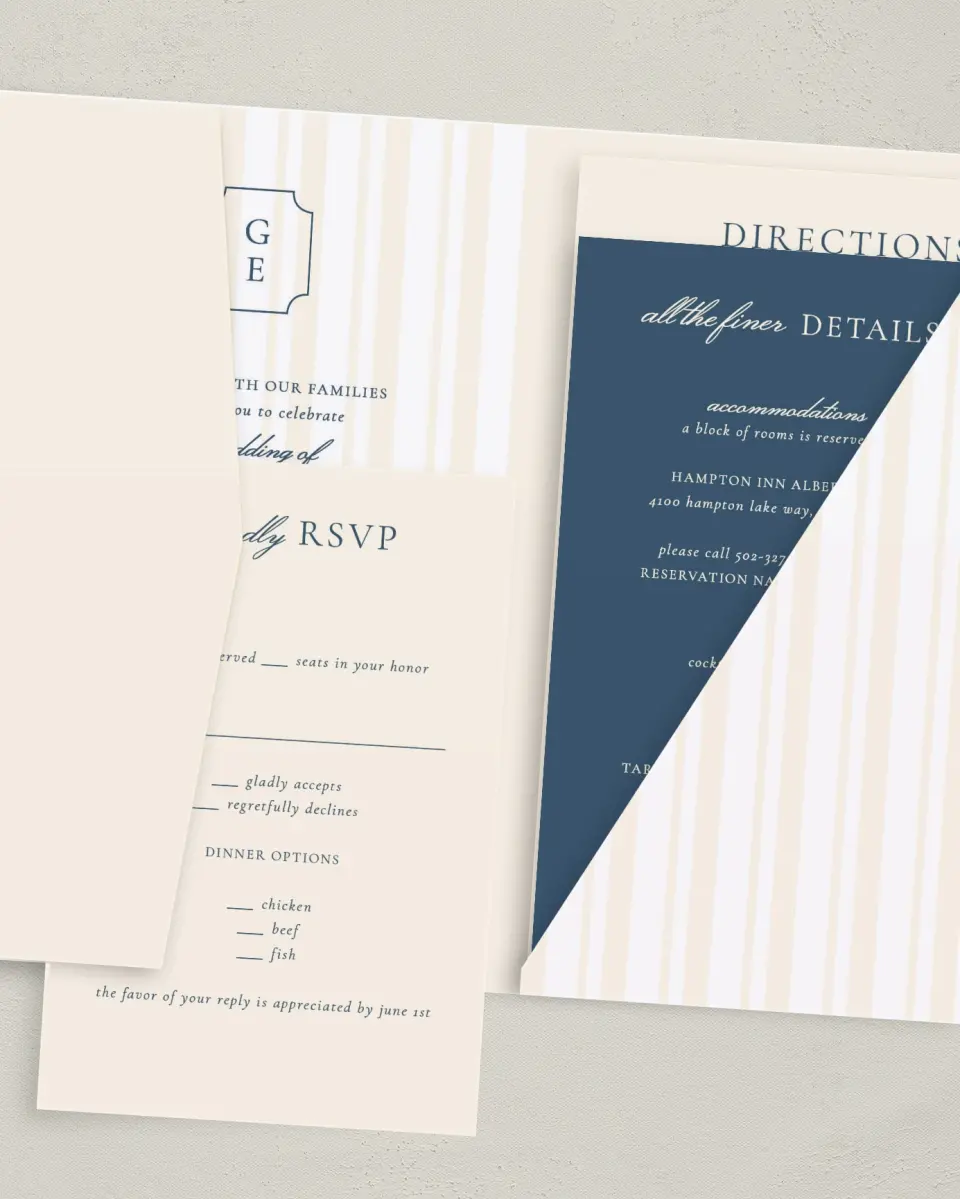 This is a 5" x 7⅞" Pocket Wedding Invitation called The Georgia printed in full color with Gold foil on Luxe Satin (coated) paper