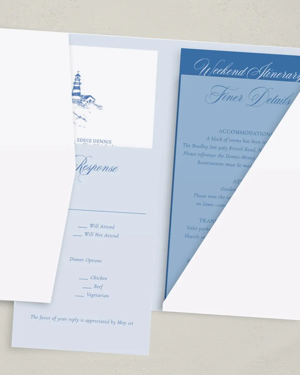 This is a 5" x 7⅞" Pocket Wedding Invitation called Bradley printed in full color on Premium Smooth paper