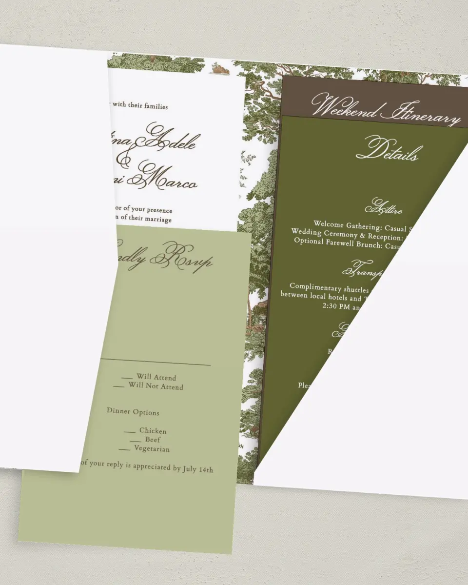 This is a 5" x 7⅞" Pocket Wedding Invitation called Holloway printed in full color with Gold foil on Luxe Satin (coated) paper