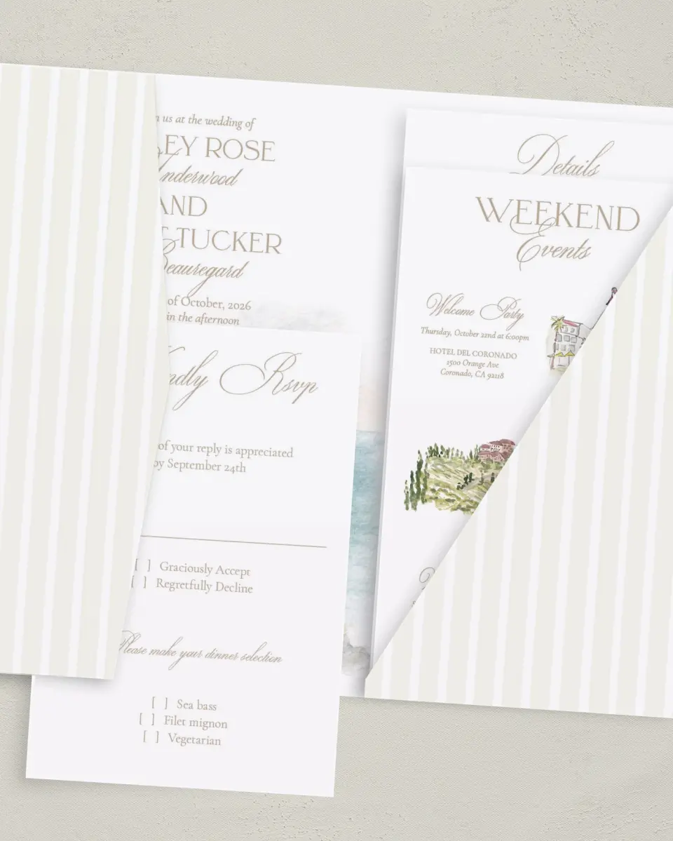 This is a 5" x 7⅞" Pocket Wedding Invitation called Kensington printed in full color with Gold foil on Luxe Satin (coated) paper