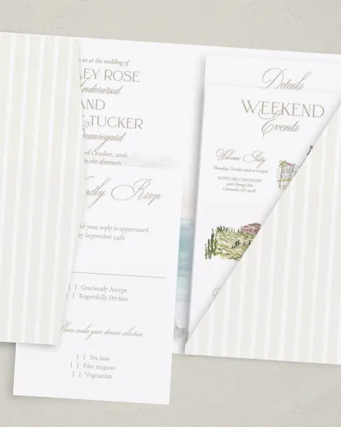 This is a 5" x 7⅞" Pocket Wedding Invitation called Kensington printed in full color on Premium Smooth paper