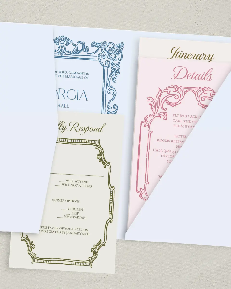 This is a 5" x 7⅞" Pocket Wedding Invitation called Nantucket printed in full color on Premium Smooth paper