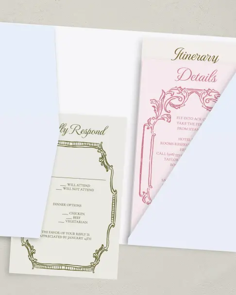This is a 5" x 7⅞" Pocket Wedding Invitation called Nantucket printed in full color on Premium Smooth paper