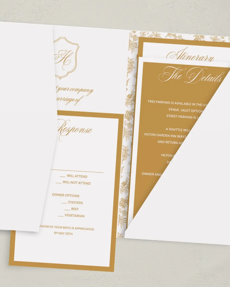 This is a 5" x 7⅞" Pocket Wedding Invitation called Wayzata printed in full color on Premium Smooth paper