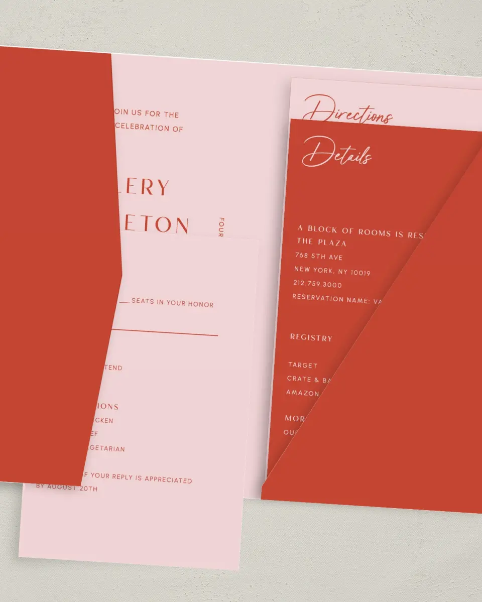 This is a 5" x 7⅞" Pocket Wedding Invitation called Boathouse Bliss printed in full color with Gold foil on Luxe Satin (coated) paper