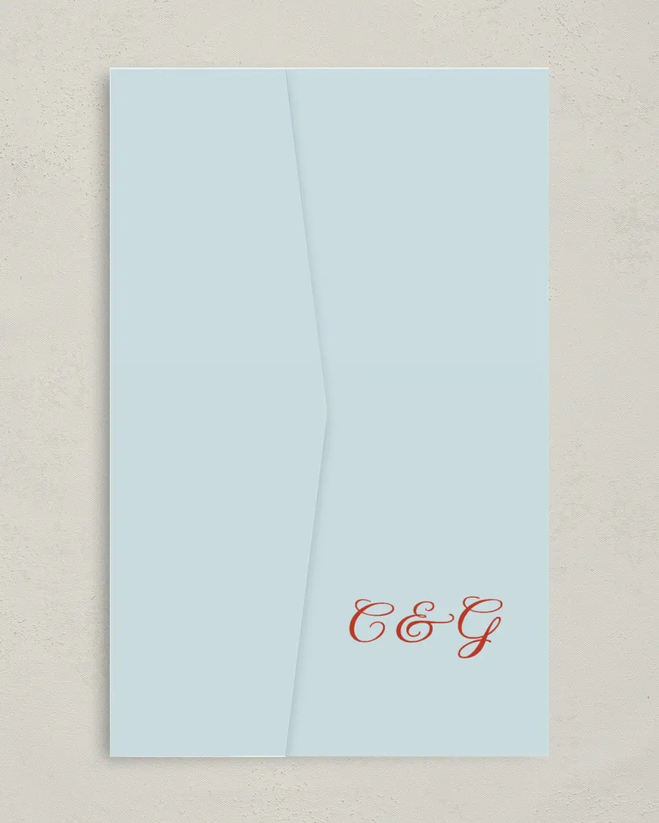 This is a 5" x 7⅞" Pocket Wedding Invitation called Mod Elegance printed in full color on Premium Smooth paper