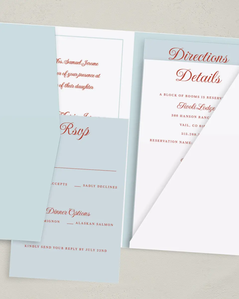 This is a 5" x 7⅞" Pocket Wedding Invitation called Mod Elegance printed in full color with Gold foil on Luxe Satin (coated) paper