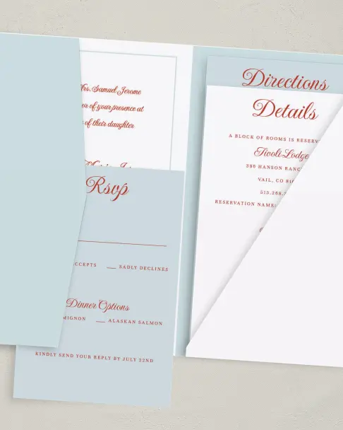 This is a 5" x 7⅞" Pocket Wedding Invitation called Mod Elegance printed in full color on Premium Smooth paper